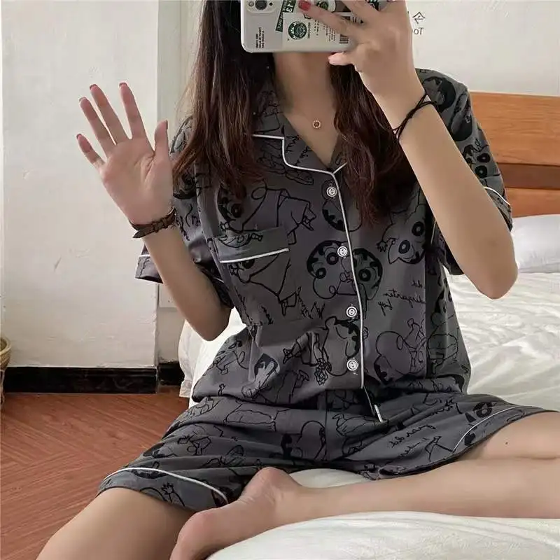 Women Anime Pajama Set Sketch Line Crayon Shin Chan All Over Print Short Sleeve Short Casual Loungewear Sleepwear