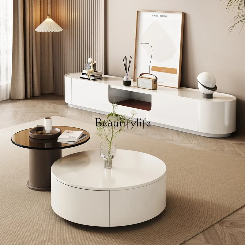 New Cream Wind Round Coffee Table Combination Simple Modern Household Wabi Sabi Wind Size Round Combination