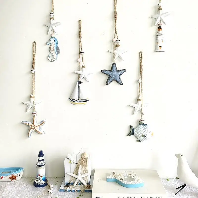 Handmade Wooden Ocean Animal Wall Pendants with Jute Rope Mediterranean Style Nautical Decor for Living Room Bathroom Bedroom