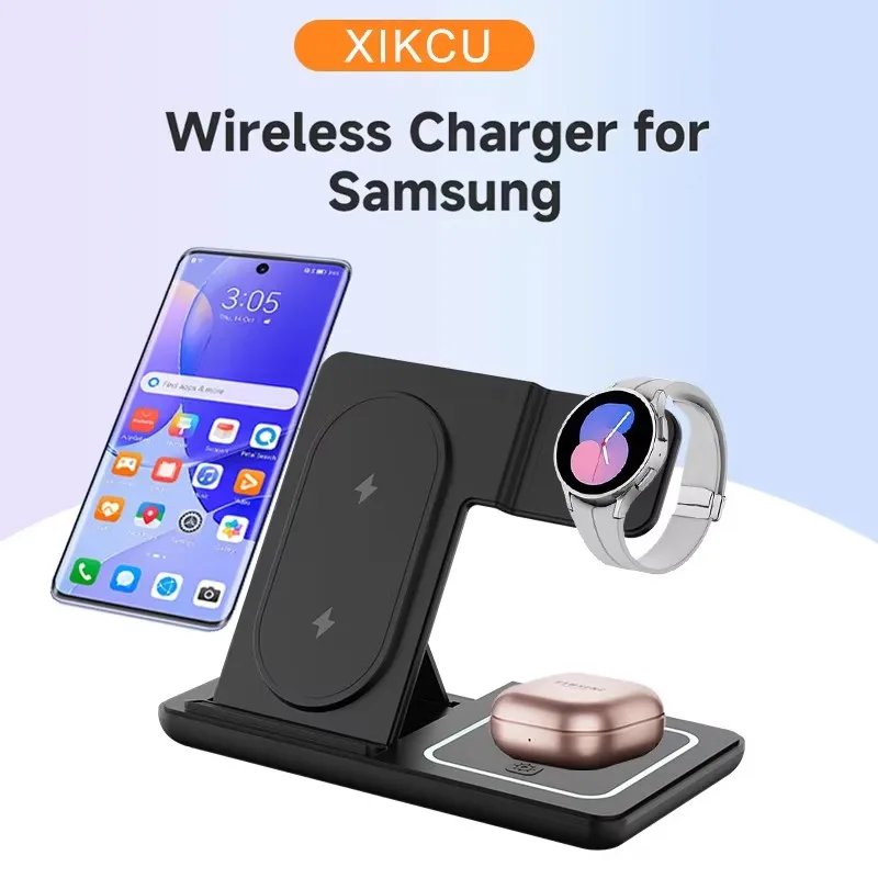 

Складная беспроводная зарядная станция 3-в-1 с LED-подсветкой для Samsung S24 S23, Galaxy Watch 2-8, Active 1 2, Buds Pro, быстрая зарядка 15 Вт
