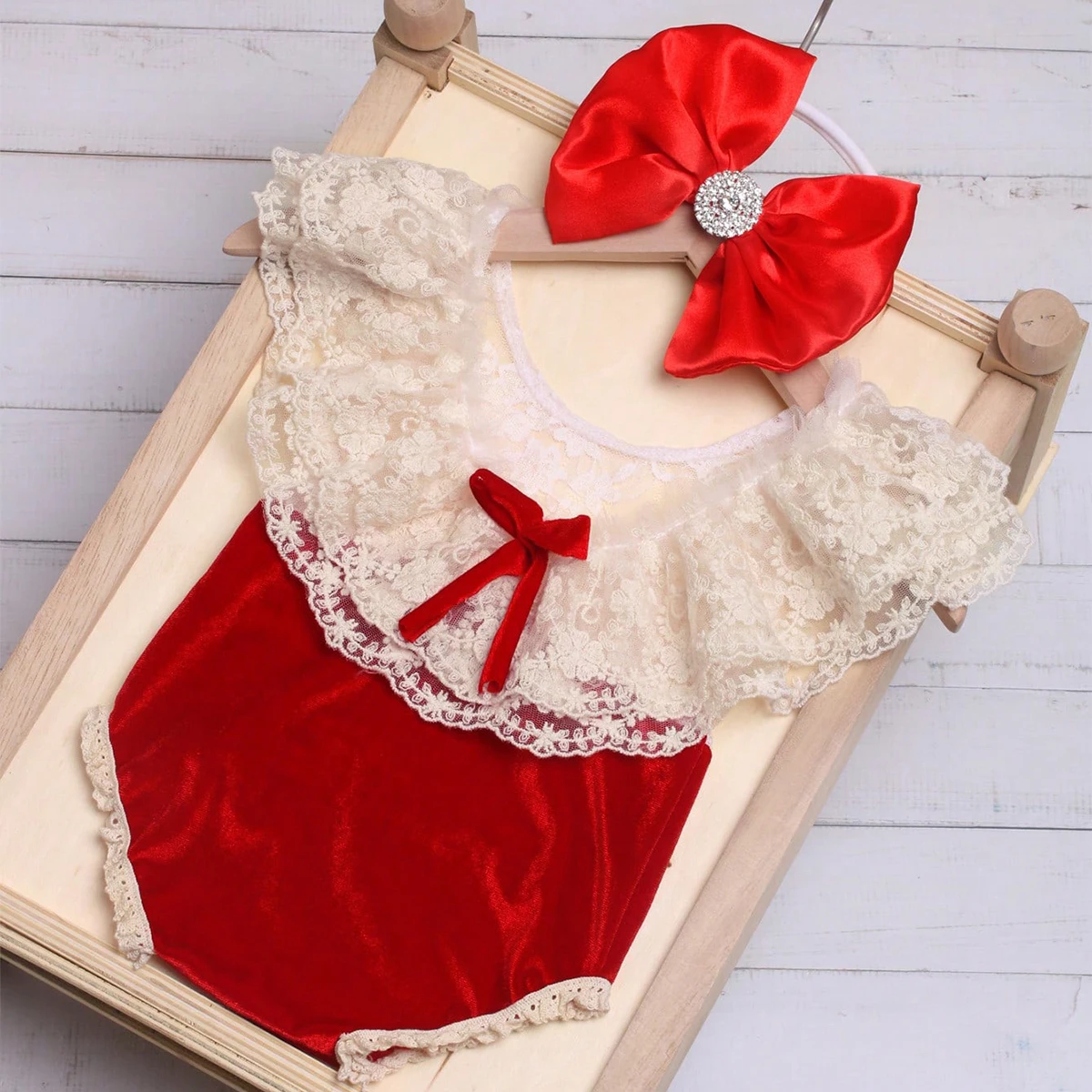 Ylsteed Newborn Girl Lace Romper for Photoshoot Baby Big Bow Rhinestone Hairband Infant Photography Outfit Picture Props