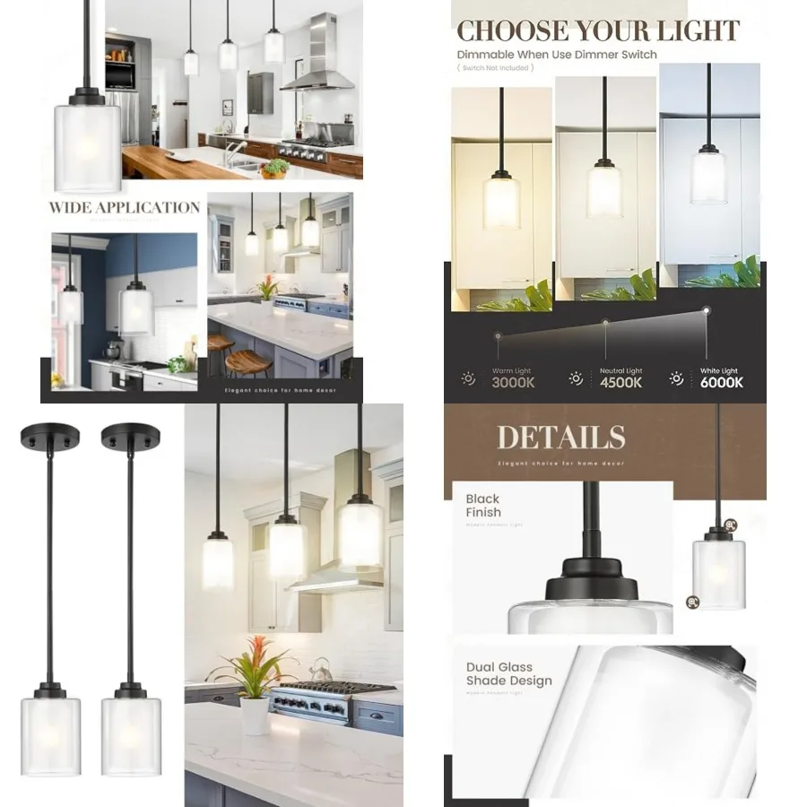 Modern Pendant Light, Matte Black Pendant Lights Kitchen Island, Farmhouse Pendant Lighting for Dining Room Bedroom Bar Office,