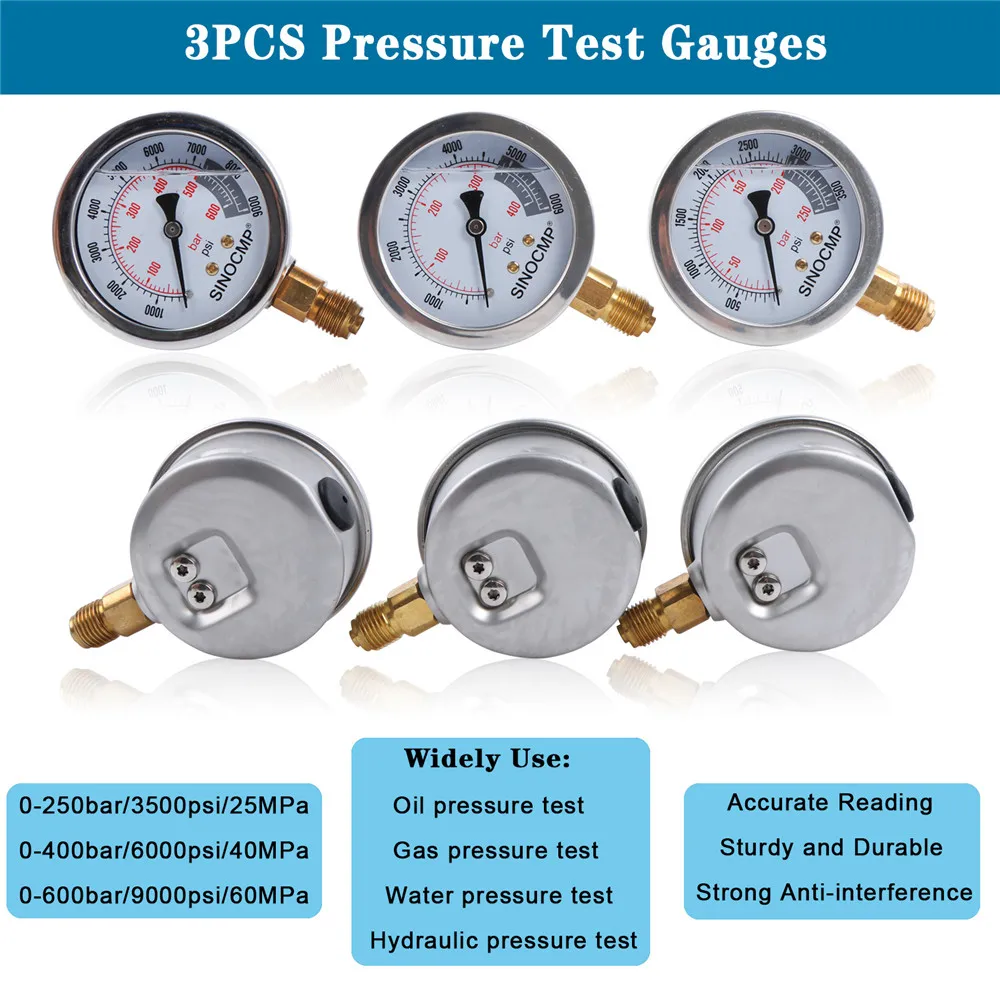 Hydraulic Pressure Gauge Test Kit Diagnostic Tool 3 Gauges 25/40/60Mpa Hydraulic Point Tester Coupling Gold Aluminum box