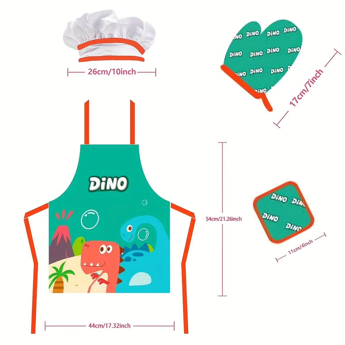 かわいい漫画の恐竜エプロン、子供用エプロン、キッチンおもちゃ、ままごとクッキングセット、クリスマスや新年のギフトに最適