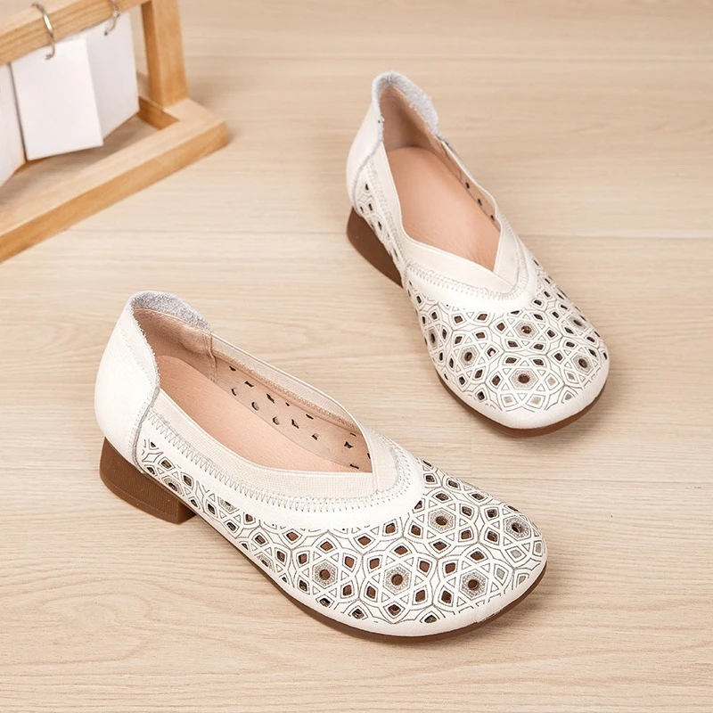 أحذية نسائية فرنسية كاجوال من الجلد أحذية مسطحة صيفية مجوفة ناعمة أنيقة بدون كعب أحذية نسائية #2