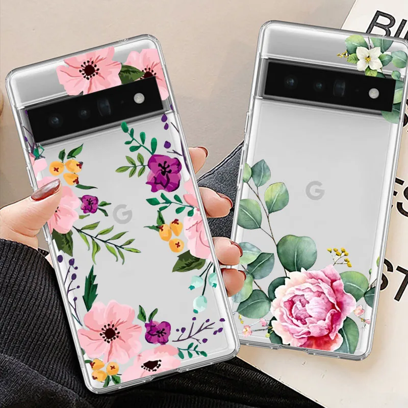 Colorful Flower Clear Phone Case for Google Pixel 8A 8 Pro 6A 7A 6 7 Pro 5G Transparent Soft TPU Cover Fundas