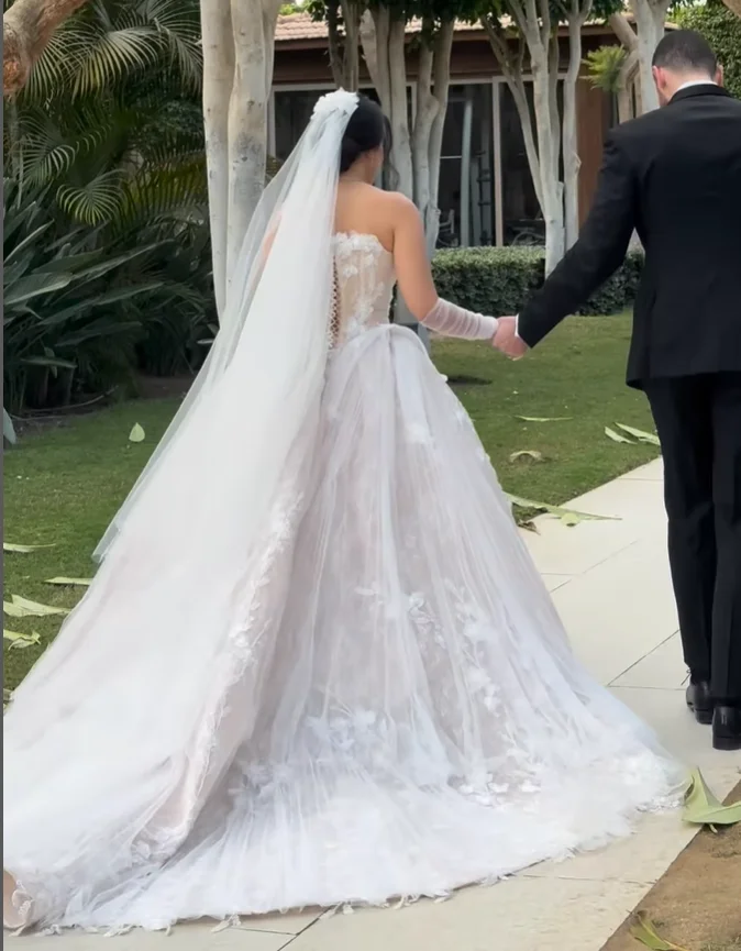 Stunning Lace Wedding Dress Ivory Lace with Nude Lining Court Train Strapless Lace-up Back Bridal Gowns
