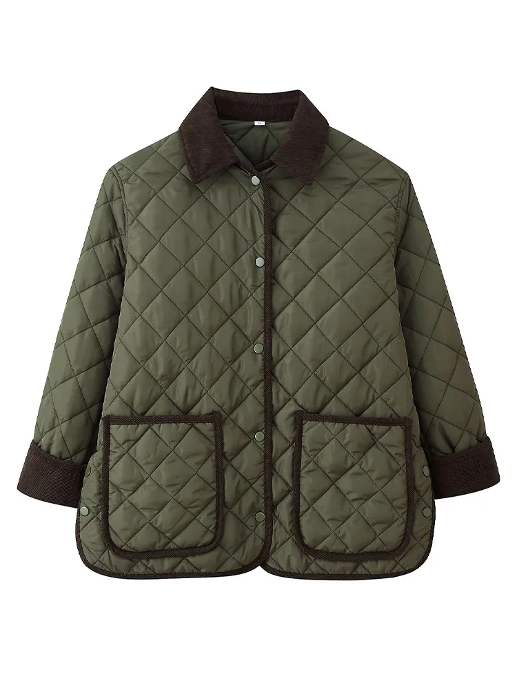 HH امرأة بدوره إلى أسفل طوق Argyle معطف المرأة الشتاء جيوب فضفاضة تزيين شارع العليا خارج كم طويل معطف واحد الصدر #4