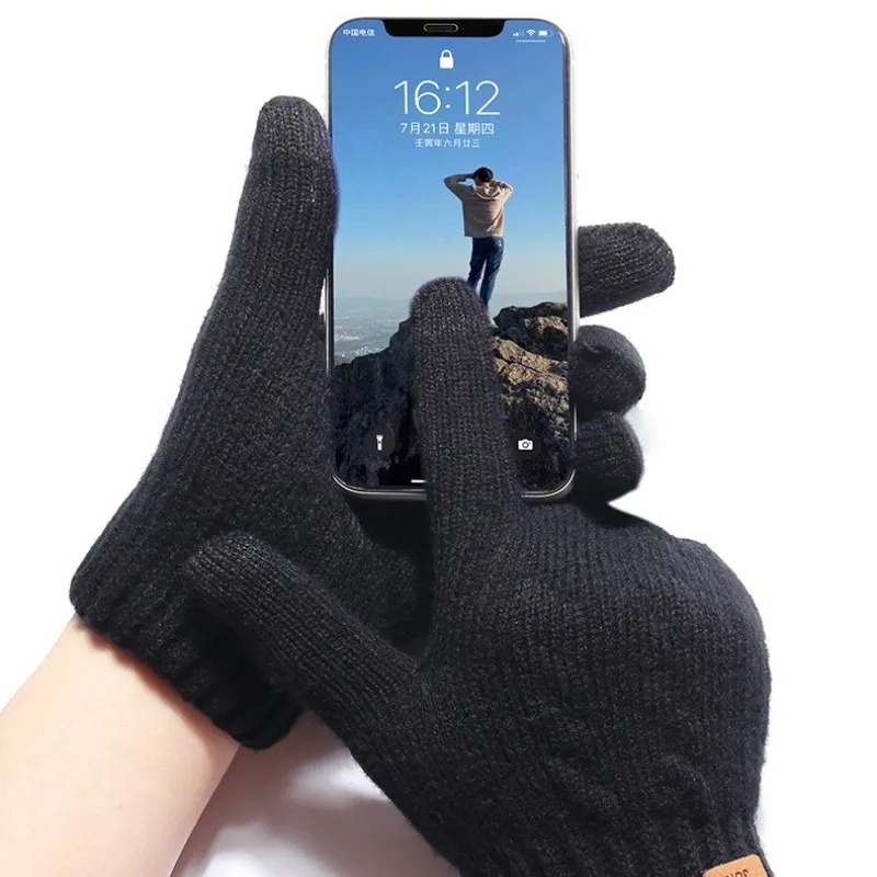 صوف مبطن بالجملة كابل أسود محبوك قفازات الشتاء الدافئة موضة قفازات شاشة اللمس للرجال النساء ركوب الدراجات في الهواء الطلق