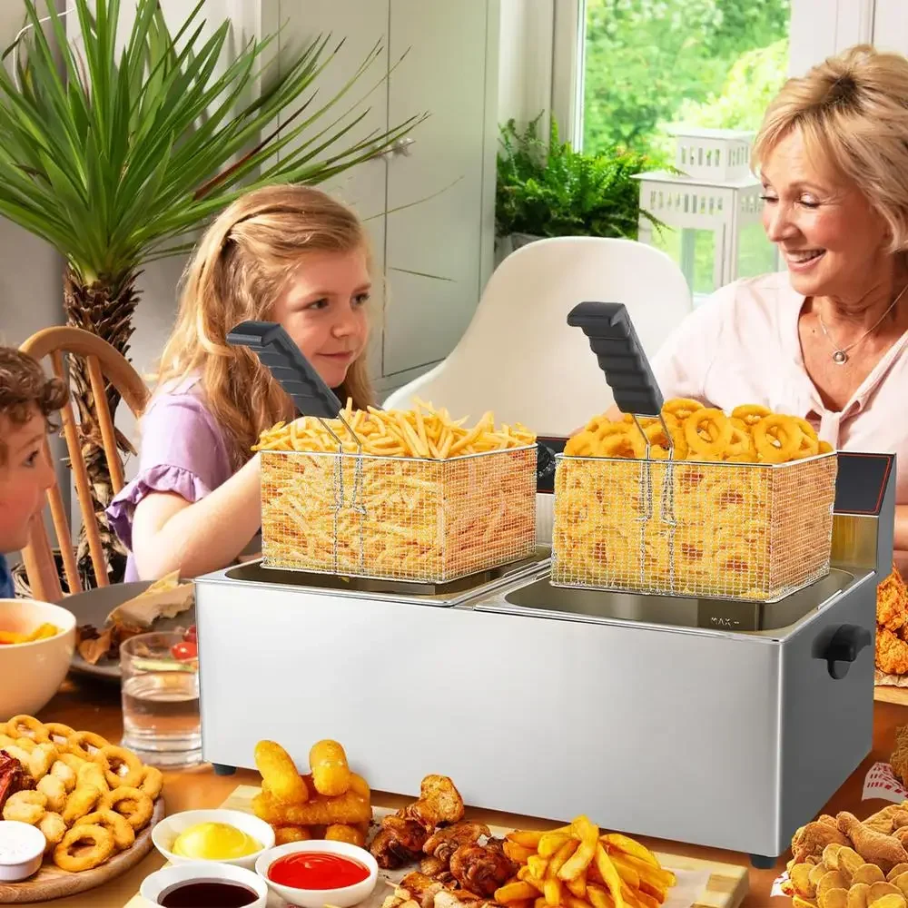 Kommerzielle Fritteuse mit Doppeltank, 4000 W, elektrische Fritteusen aus Edelstahl mit Körben, Temperaturregelung, professionelle Qualität