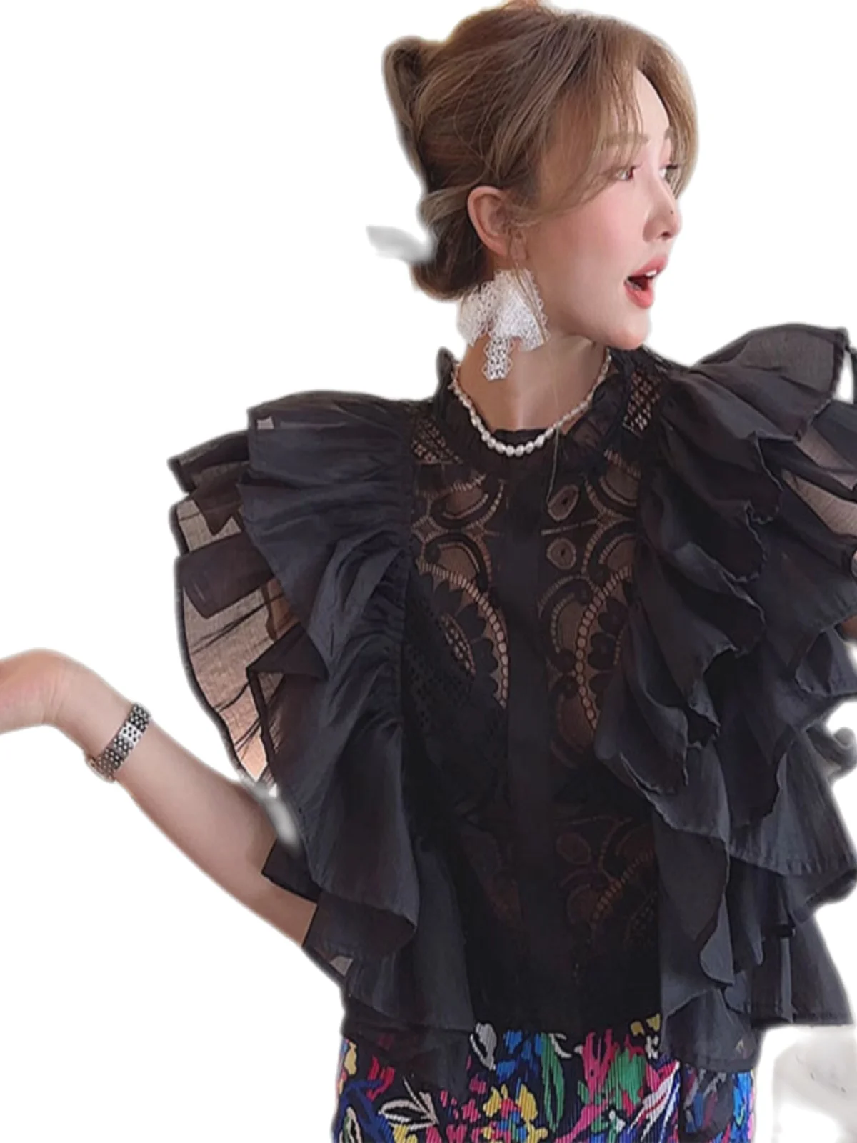 Summer New Lace Splicing Ruffles Short Sleeve Loose Shirt Women Sexy Hollow Fashion Versatile Temperament Stand-up Collar Top