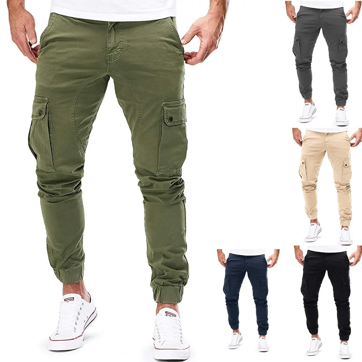 

New Street elastic multi pocket casual pants men's work pants solid color multi pocket casual mid waist pants slim jogging pants