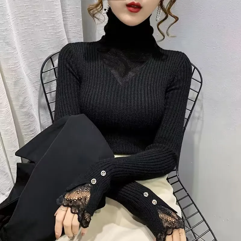 2023 Sexy Mesh Lace Turtleneck Knitted Sweater New Women Autumn Winter Base Sweater Female Soft Blouse Jumpers Bottom Shirt