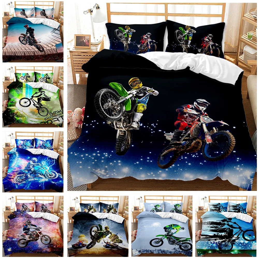 

Motocross Rider Bedding Set Extreme Sports Themed Duvet Cover For Teens Motorcycle Pattern Comforter Cover Dirt Bike Duvet Cover