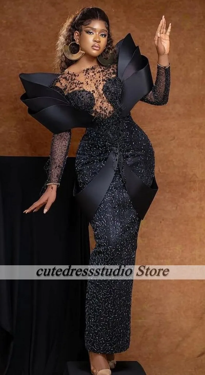 Nigerian Women Black Evening Dresses Elegant Luxury Beading Mermiad Wedding Party Gowns Long Sleeves Vestidos De Noche