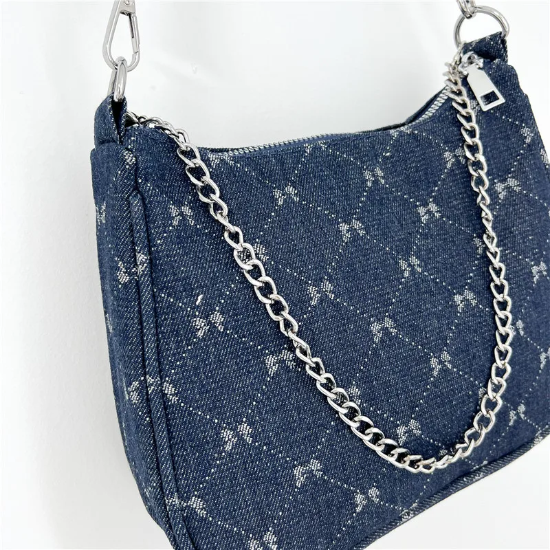 1pcs ladies denim shoulder bag fashion chain decoration women\'s bag plaid printed crescent bag