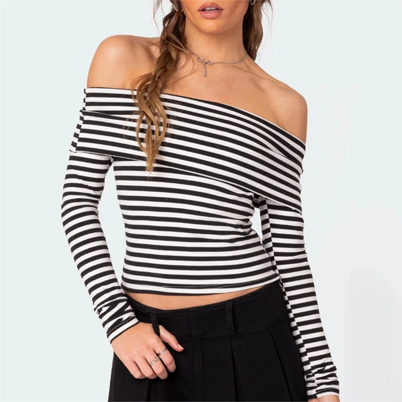 Office Ladies Striped Off Shoulder T-Shirt Women Chest Folding Boat Neck Long Sleeve Slim Fit Casual Crop Tops Elegant Clothes