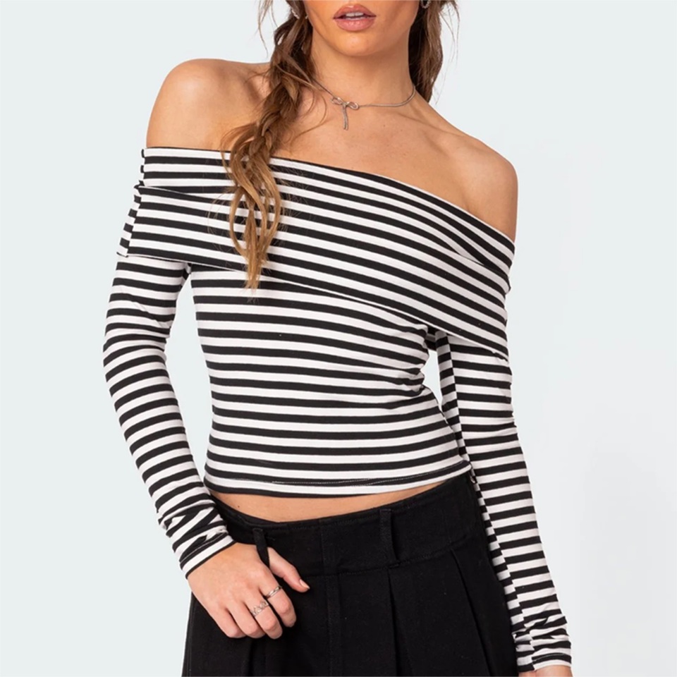  Office Ladies Striped Off Shoulder T-Shirt Women Chest Folding Boat Neck Long Sleeve Slim Fit Casual Crop Tops Elegant Clothes