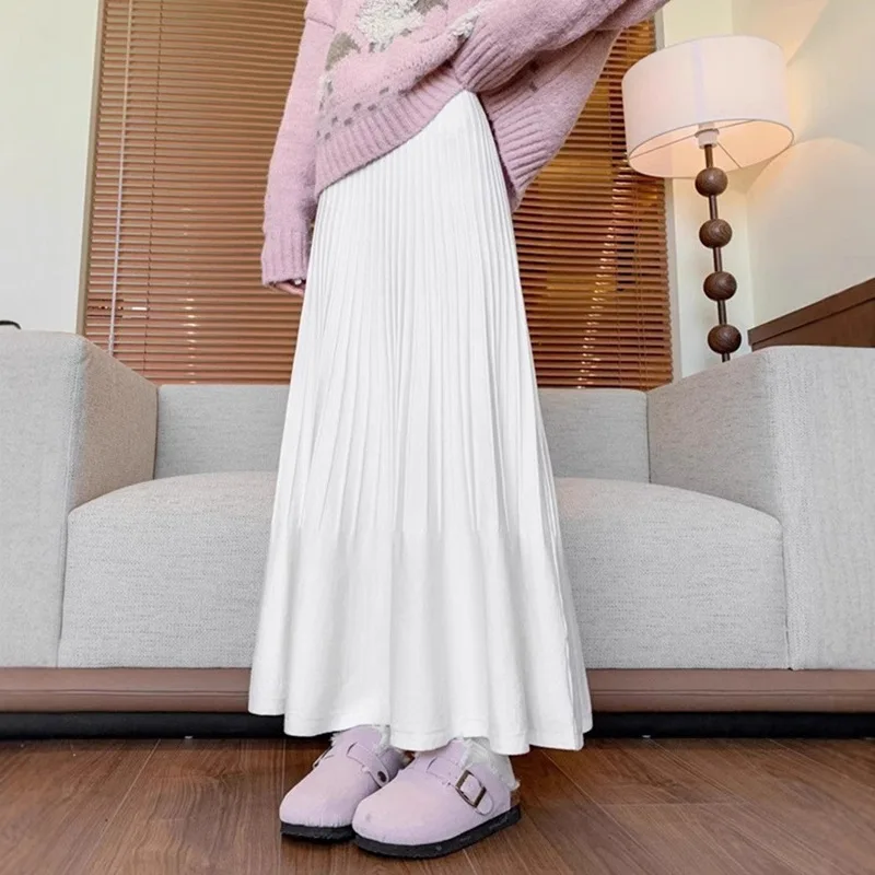 الخريف الشتاء محبوك مطوي ميدي تنورة للنساء كبيرة تنحنح أسفل مطوي ألف خط التنانير الطويلة تريكو