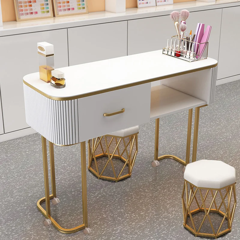 Modern Multifunctional Manicure Table Set with Gold Legs and White Top Customizable for Nail Beauty Salon Furniture