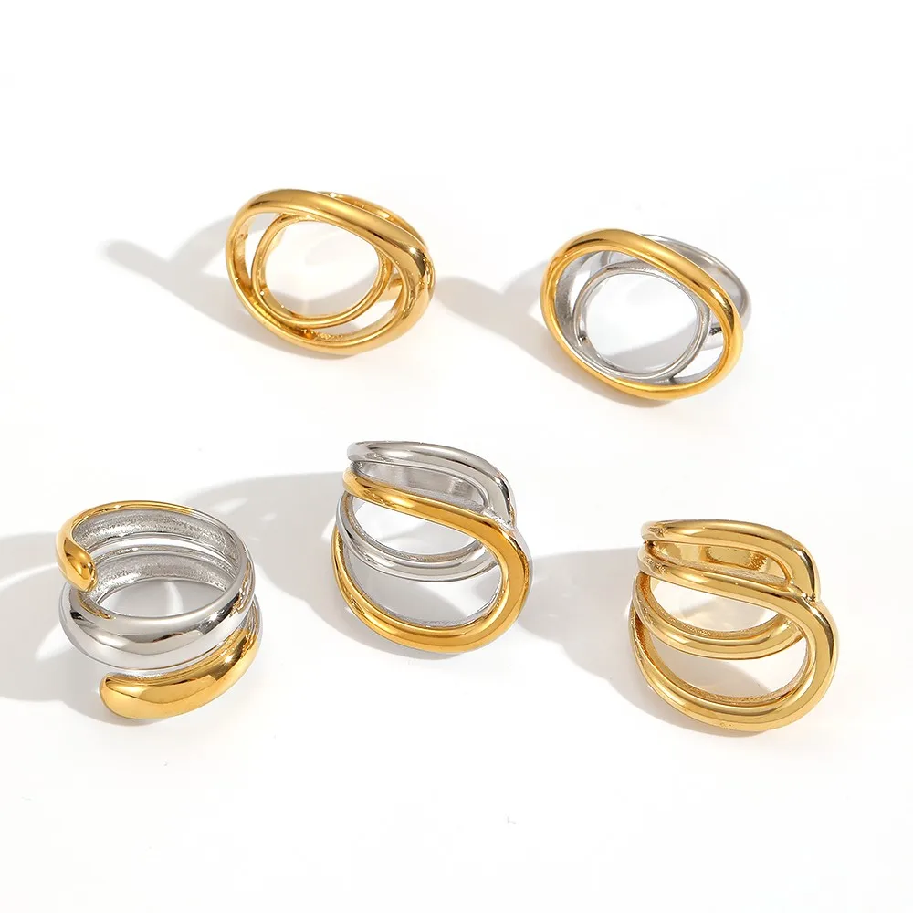 TD Edelstahl Gold Silber Gemischte Farben Unregelmäßige Geometrische Linien Offener Ring für Frauen Wasserfester Modeschmuck – Detail 3