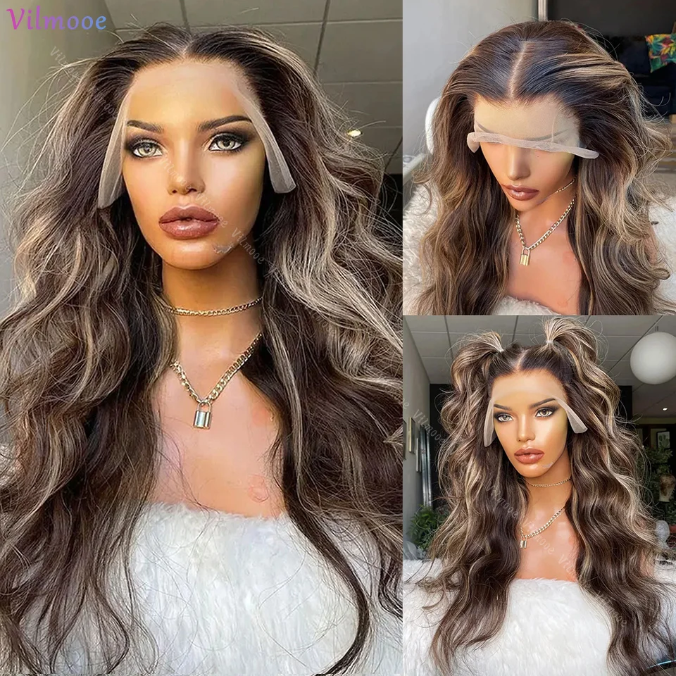 

Highlight Blonde Brown 5x5 Silk Base Wave Human Hair Wig With Baby Hair HD Lace Glueless Preplucked Scalp Cap Lace Frontal Wigs