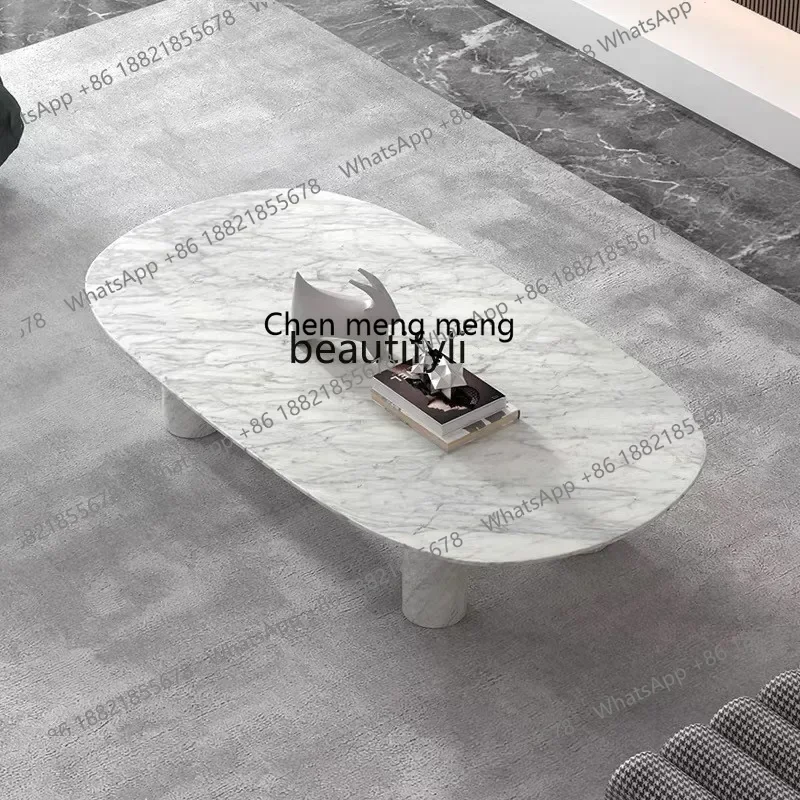 178Minimalist solid pure natural marble pillar, black and white root, long oval coffee table, high sense2936