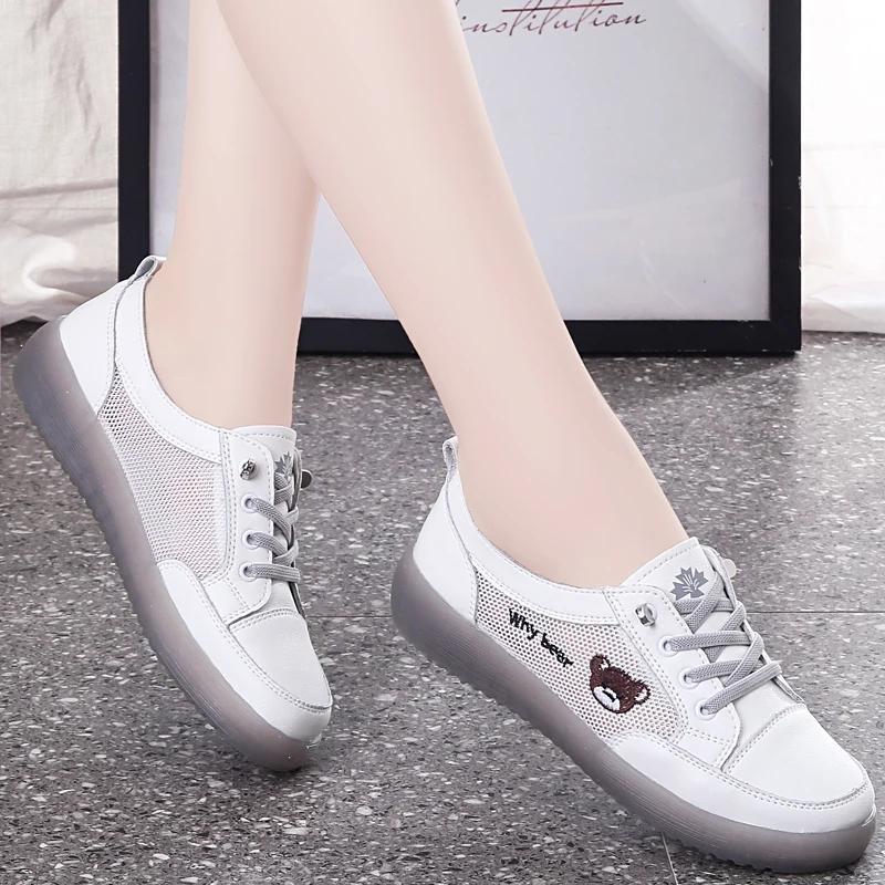 

Женские дышащие повседневные кроссовки с вышивкой в виде медведя, удобные прогулочные туфли на мягкой подошве