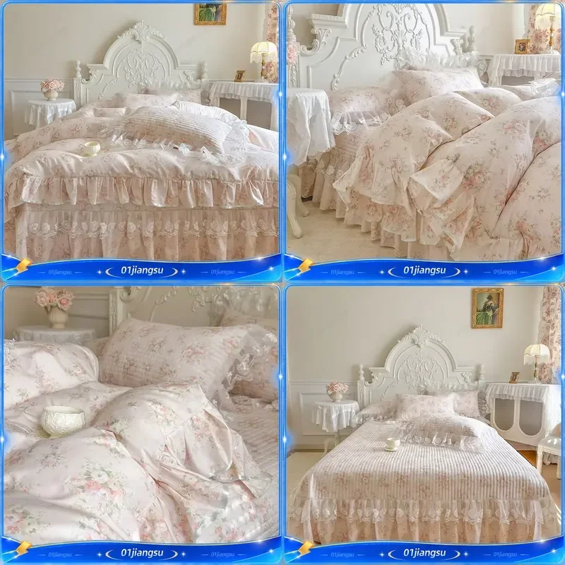100% Cotton Floral Bedding Set Vintage French Style Lace Ruffle Duvet Cover Quilted Bedspread Pillowcases Home Textile Decor