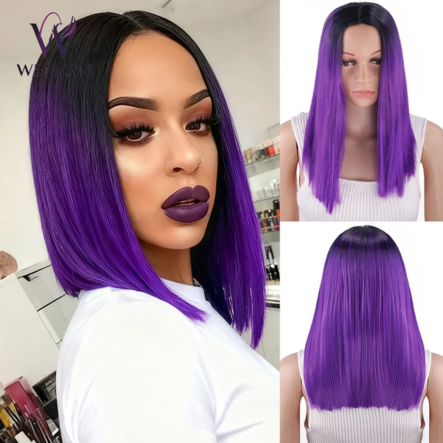 

14 Inch Ombre Black Root Purple Straight Bob Synthetic Hair Wig Middle Part Shoulder Length