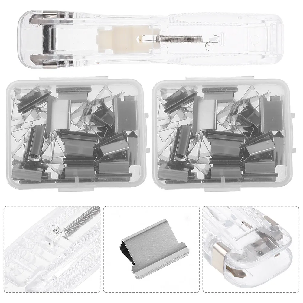 

3Sets Transparent Reusable Stapler Clamp Portable Paper Clip Dispenser Office School Document Binding Push Binder