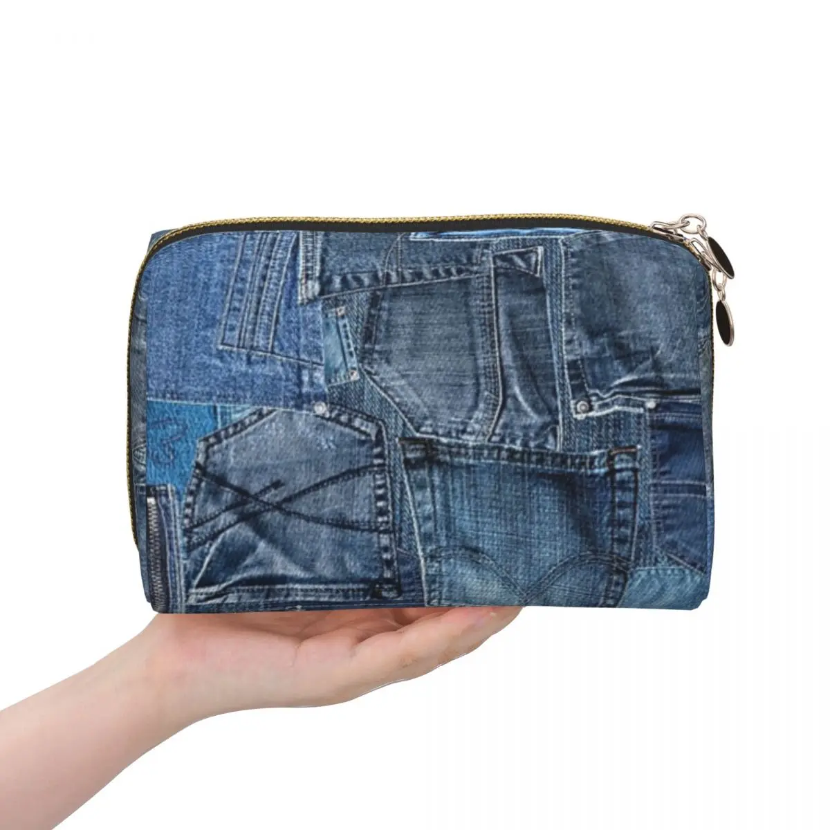 Blue Denim Jeans Pocket Patchwork Women Cosmetic Bag Travel Makeup Organizer Pouch Toiletry Storage Dopp Kit Box