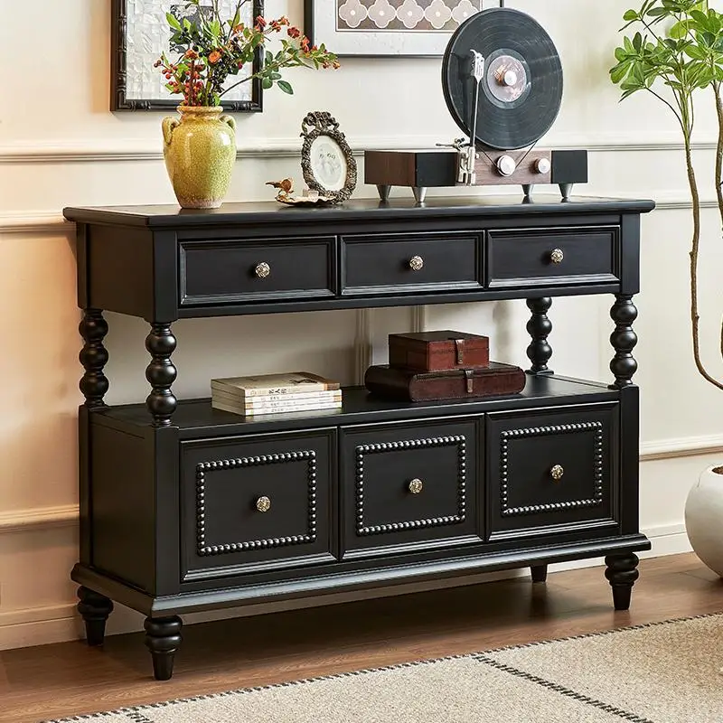 

French retro black entrance cabinet, all solid wood storage, advanced sense of entry, living room aisle cabinet