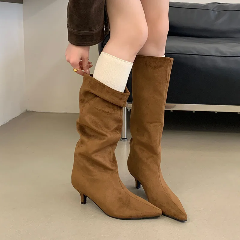 Pointed Toe Fashion Flock Winter Women Knee High Boots Thin Low Heel Female Street Style Ladies Long Stretch Booties Shoes