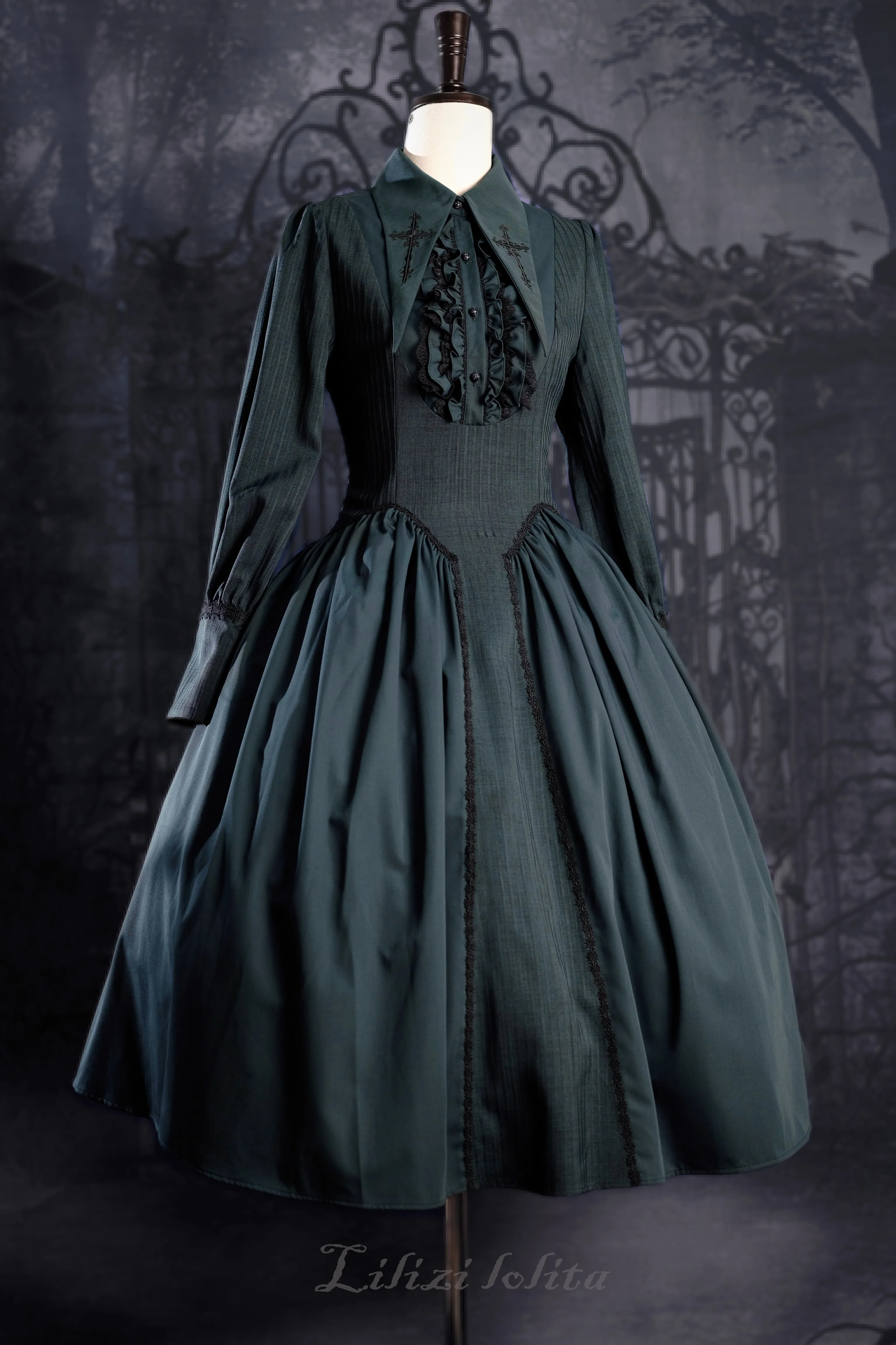 Redemption Song~Gothic Lolita OP Dress Cross Embroidery Tiered Hem