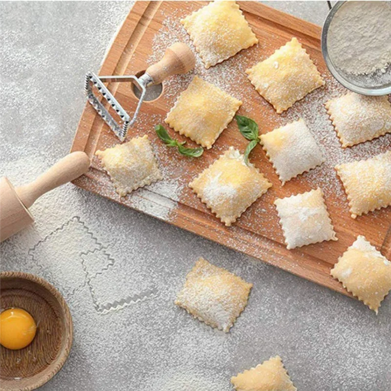 Set Pemotong Pasta Ravioli N99R, Pembuat Stempel Ravioli dengan Gagang Kayu untuk Ravioli, Pasta, Pangsit Lasagna, Pierogi