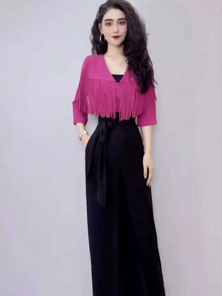 

Ele Faionable Tassel Cowl Ne Rer Pants Women's High Waist Wide Leg Pants Summer New Arrival Anti-Aging
