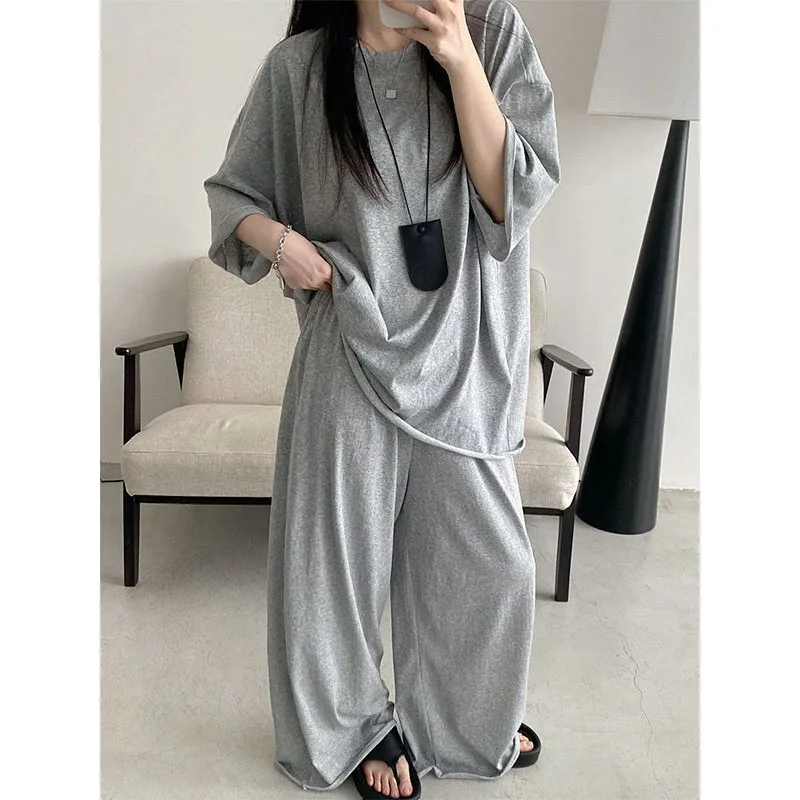 

SuperAen Korean Style Oversize Casual Women 2026 Summer New O-neck Short-sleeved T-shirt Long Loose Wide-leg Pants Sets