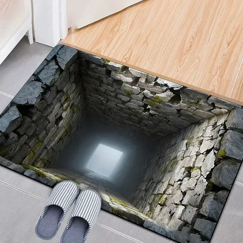Cave Doormat with Peeking Orange Cat Realistic Stone Rug with Green Moss for Indoor Decor Funny Pet Floor Mat  Welcome Mat