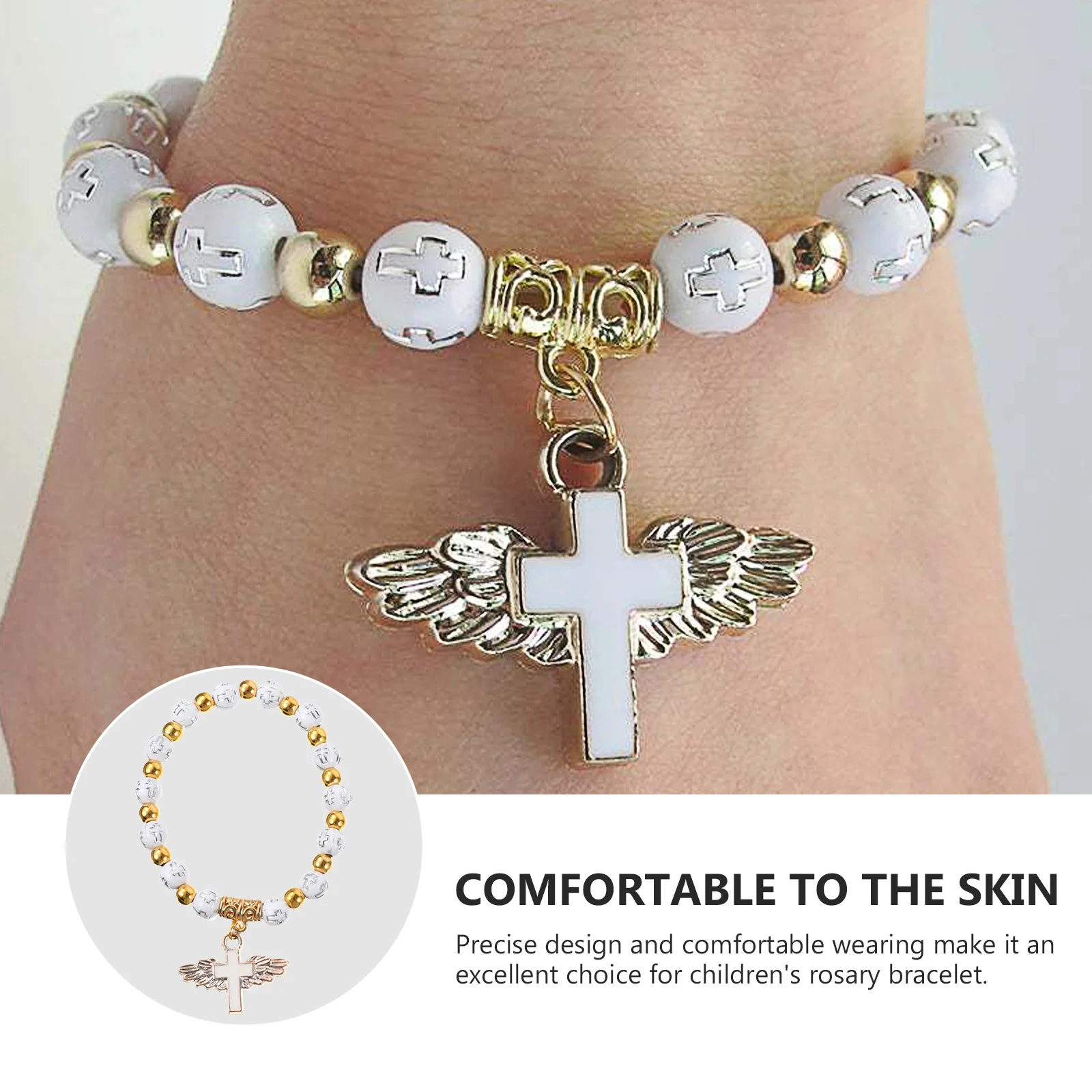 

12Pcs Rosary Beads Bracelet White Angel Crucifix Baptism Jewelry for Cross Beads Bracelet Rosary Hand Chain