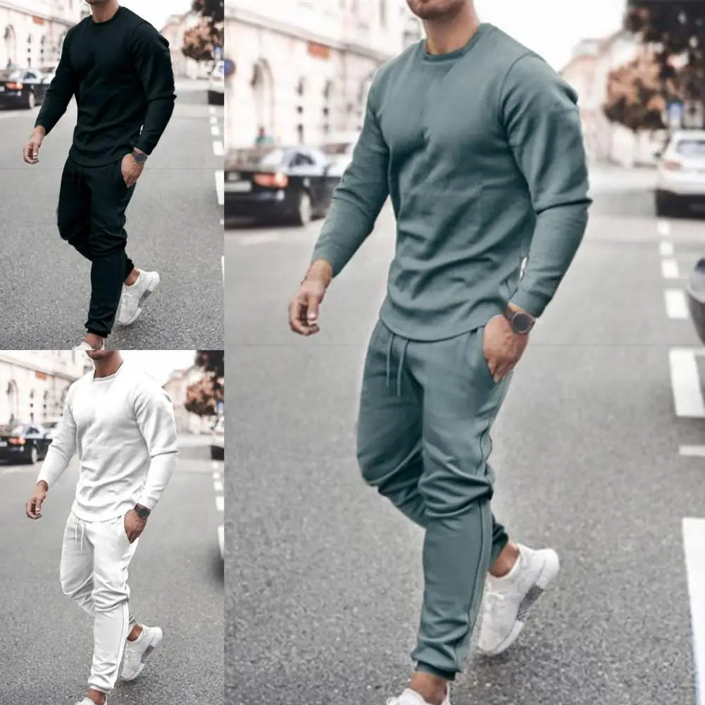 Fashion Men Sweatshirts Sets Solid Multi-Color Hoodie Sweatshirt Pants Round Neck Tracksuit Set Casual Sports Suits