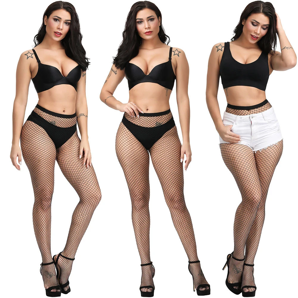 Femmes chaudes longues Sexy évider résille bas collants noir taille haute bas collants culotte résille Lingerie de haute qualité