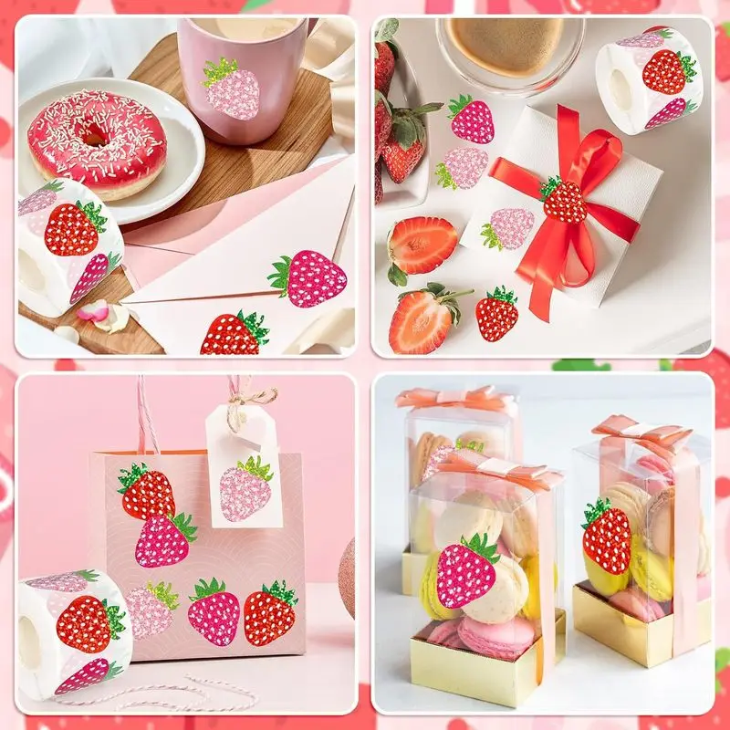 500pcs/roll Glitter Strawberry Stickers Sparkly Decals Self-Adhesive Labels for Scrapbooking Gift Wrapping Party Favors Crafts