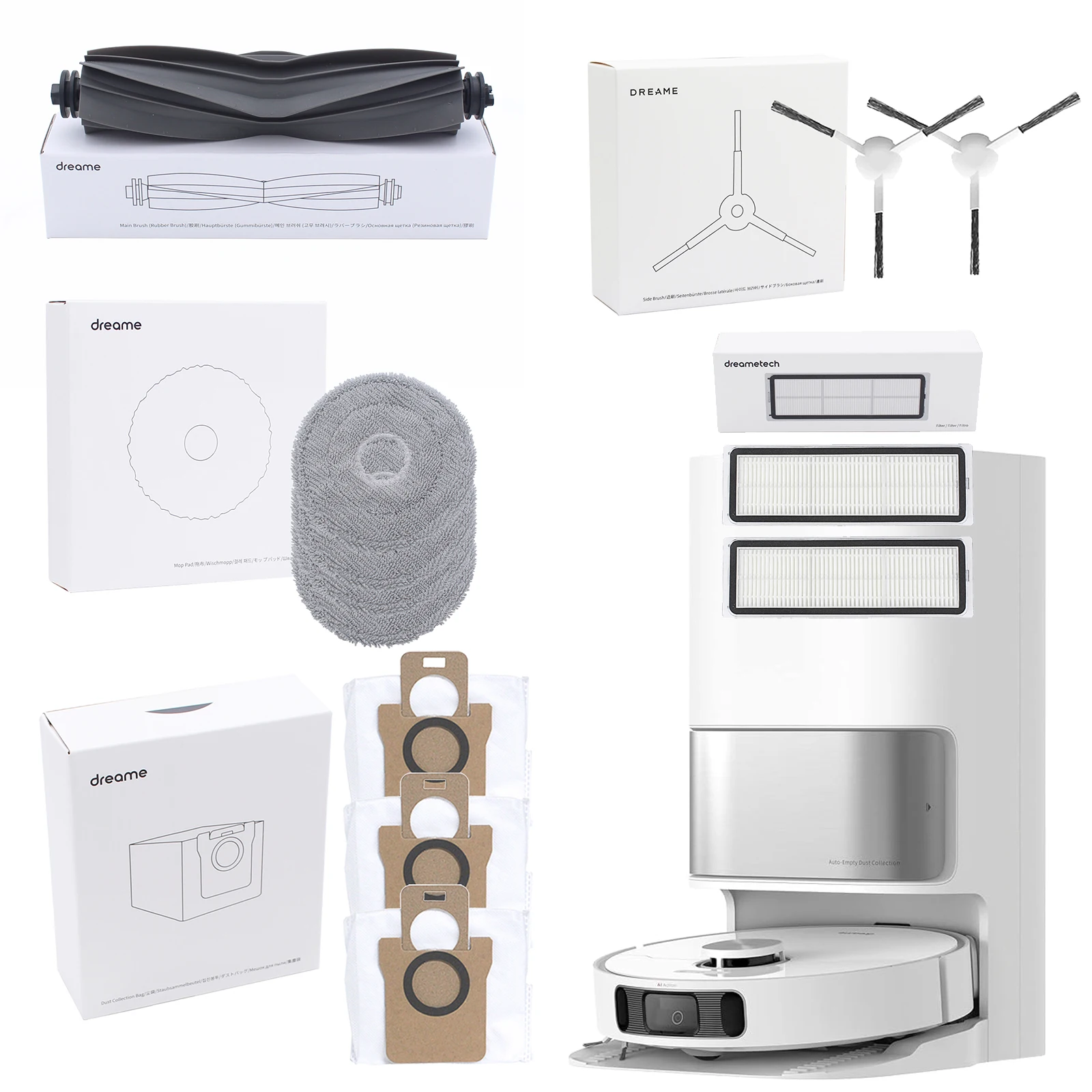 Accessoires d'origine pour robot aspirateur Dreame L10s Ultra : brosse principale, brosse latérale, filtre, chiffon de nettoyage, sac à poussière.