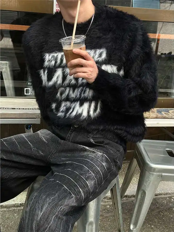 Cleanfit アメリカンスタイル ニットセーター レターパターン オールマッチ ソフトフェイクファー 秋冬 男性 女性 カジュアル 快適 通気性