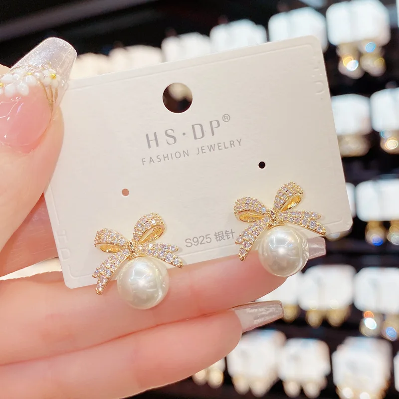 Girls Zircon Bow Pearl Pendant Earrings Set Micro Design Jewelry Ear Accessories Trendy 2026 Fashion for Kids