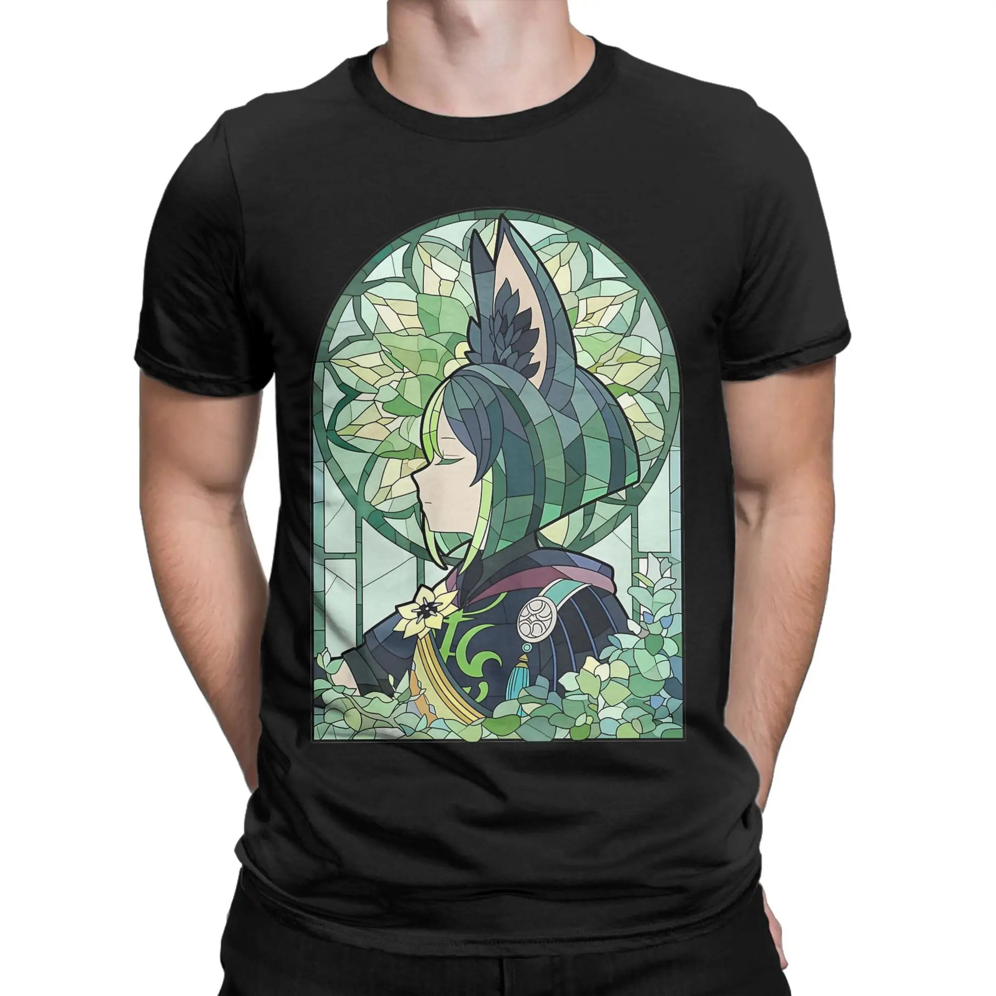 Men's T-Shirts Stained Glass Tighnari Genshin Impact Funny Pure Cotton Tees Short Sleeve  T Shirt Crew Neck Clothing Plus Size