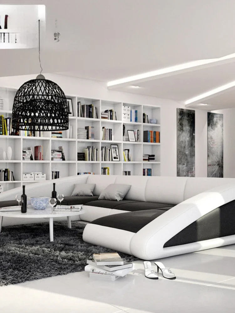 Leather Sofa Living Room Black and White U-Shaped Corner Creative Leather Sofa