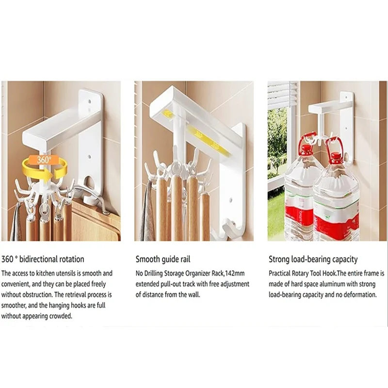 Wall Mounted Kitchen Utensil Holder With 10 Rotatable Hooks, Multifunction Cooking Organizer-A58E