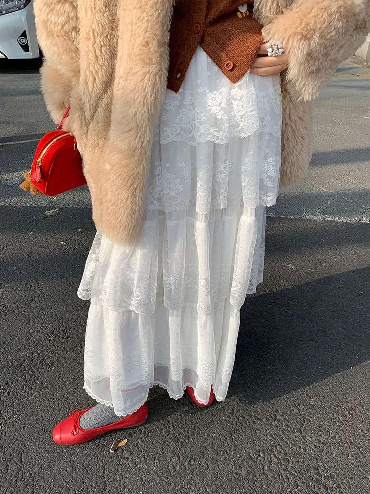 Weißer Spitzen-A-Linien-Kuchenrock für Damen, Design Sensation, Frühling, neuer Stil, vielseitiger Midirock, langer Rock aus Polyestergewebe